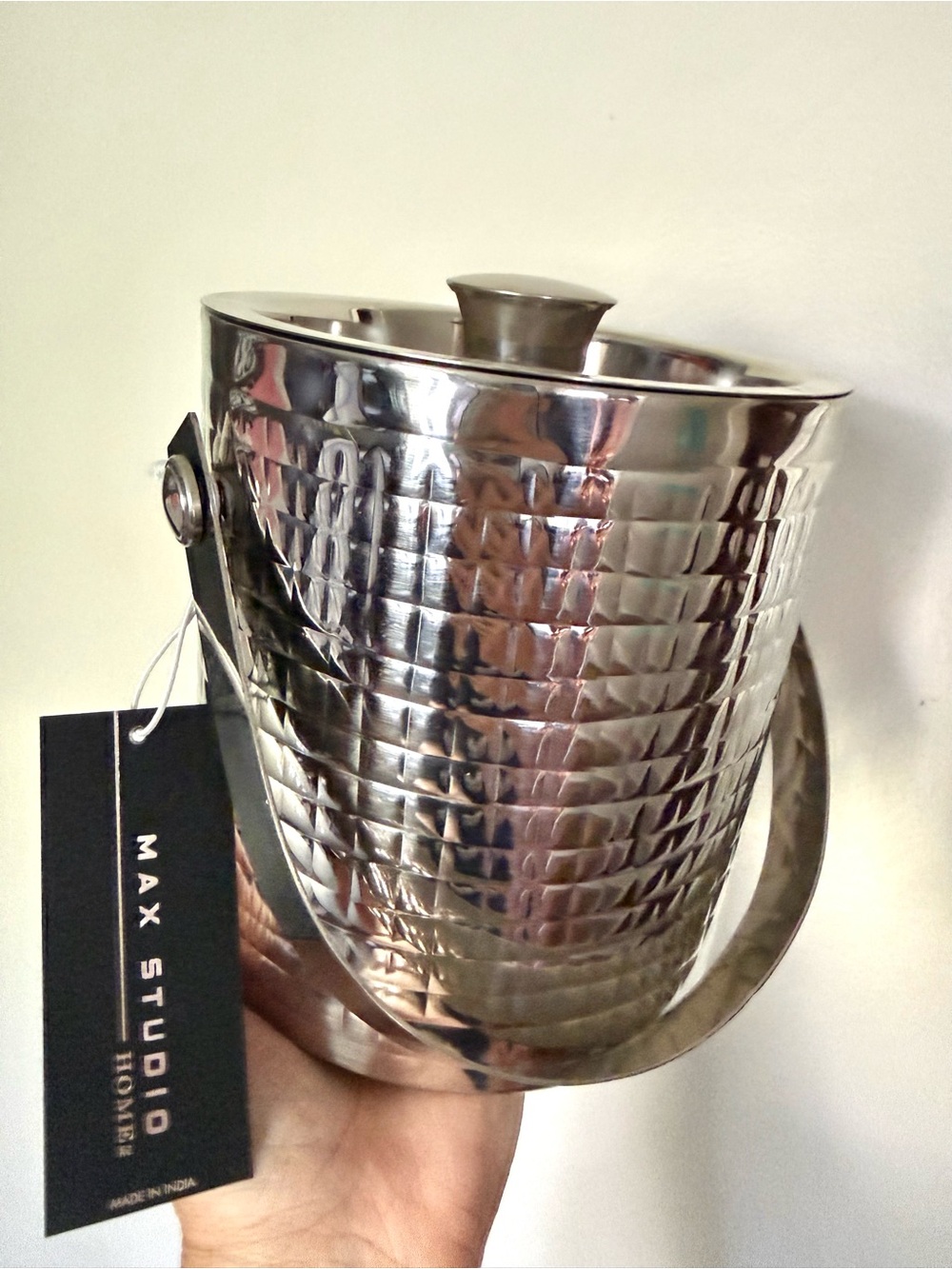 NWT Max Studio Polished Silver Hammered Ice Bucket with Lid